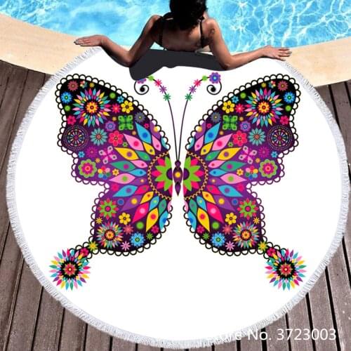 Colorful Butterfly Bohemian Flower Pattern Microfiber Round Beach Towel Summer Sunbathing Beach Towel Yoga Mat Outdoor Picnic