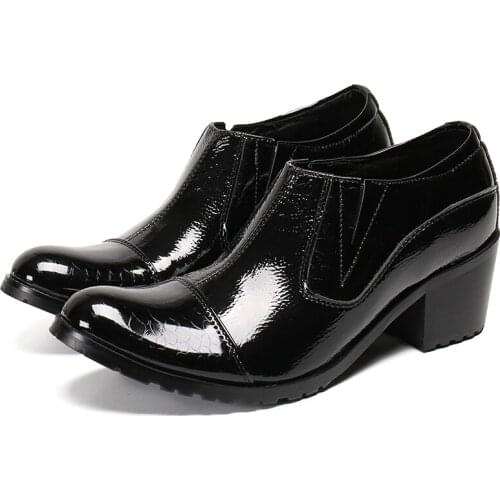 Fashion Formal Increase Height Men Shoes Round Toe Men High Heels Genuine Leather Shoes Slip on Prom Dress Shoes Business Brogue