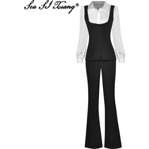Seasixiang Fashion Designer Autumn Suit Women Black Vest Tops + Long Sleeve White Shirt + Flare Pants Three Piece Set