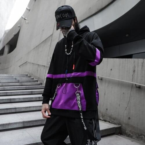 2020 NEW Color Patchwork Ribbon Fashion URBAN STREET WEAR Mens Hoodies Hip Hop Casual Hooded Sweatshirts Streetwear Full Sleeve