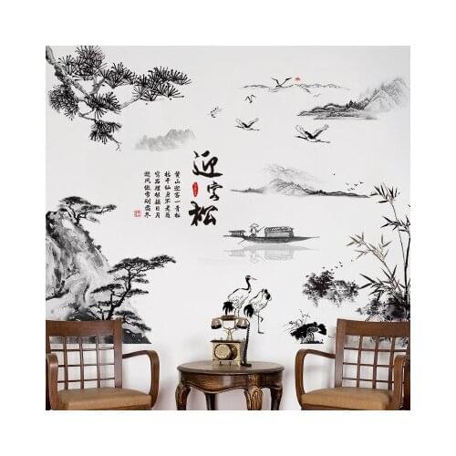 Chinese Style Wall Sticker Landscape Painting Sketch Welcome Pine TV Background Wall Pictures Living Room Decoration Room Decor