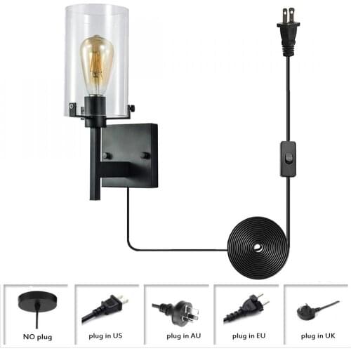 1 Light Clear Glass Shade Wall Mount Light Decor, Retro Black Metal Hardwired Plug In Wall Sconce, Indoor Wall Lamp Fixture