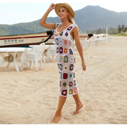 H80&S90 New Fashion Runway Crochet Dress Women Sleeveless Handmade Knit Hollow Out Beachwear Bohemia Swimsuit Cover Up Vestidos