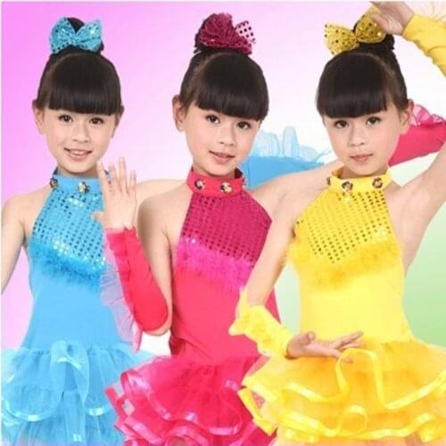 New Latin Dance Dress Girl Child Halter Sequin Red Blue Rose Yellow Dance Costume Tutu Performance Clothing