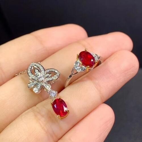Charming red ruby ring and necklace jewelry set for women real 925 silver natural gem birthstone good luck girl party present