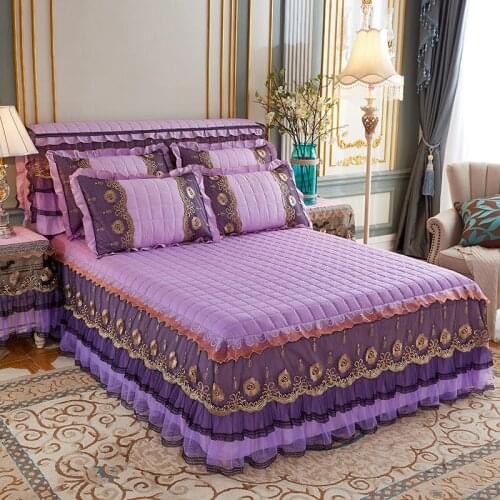 Solid color thicken Cotton Bed Cover Lace Princess plaid warm bed skirt King Full Queen Double Soft Elastic Sheets bedspread