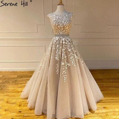Serene Hill Champagne A-Line Sexy Prom Dress 2021 Beaded Lace Flower Graduation School Party Gown CLA71177