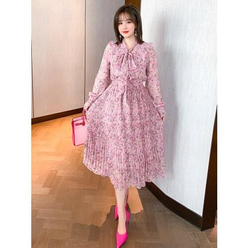 Printed flounce bowknot posed pleated dress dress of tall waist 2021 spring new High Quality