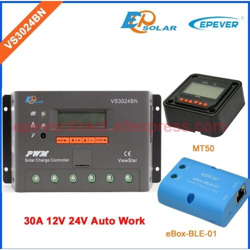 PWM controller 30A 12V 24V battery charger solar power bank regulator VS3024BN LCD display MT50 Meter and eBOX-BLE-01 30amps