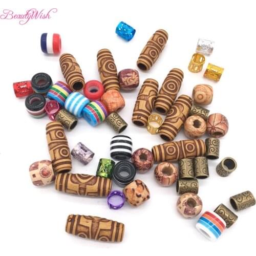 Mix 5type Dreadlock Beads Adjustable Hair Braid Cuff Clip 50Units Plastic metal and wooden Braiding Hair Beads Big hole beads