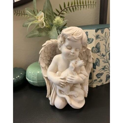 Angel with Dog Statue Pet Dog Memorial Statue Indoor Outdoor Home Garden Guardian Rememberance Dog Puppy Figurine, 7-in