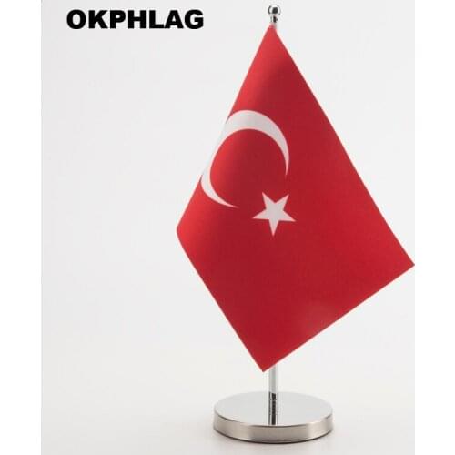 Turkey Office table Flag with Stainless flagpole base country banners desk flag 14*21CM KS-0075