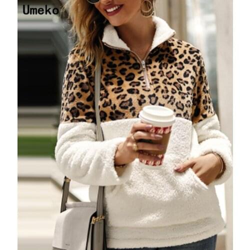 Umeko 2020 New Warm Pullover Zip Leopard Print Pullover Furry Sweatshirt for Women Casual Solid Color Loose Versatile Plus Size