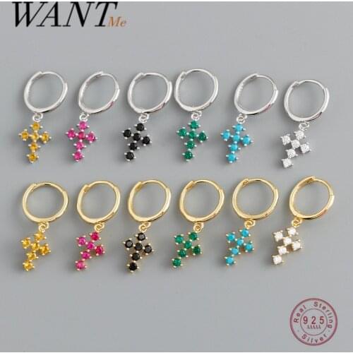 WANTME Genuine 925 Sterling Silver Ethnic Colored Zircon Cross Pendant Stud Earrings for Women Bohemian Punk Religious Jewelry