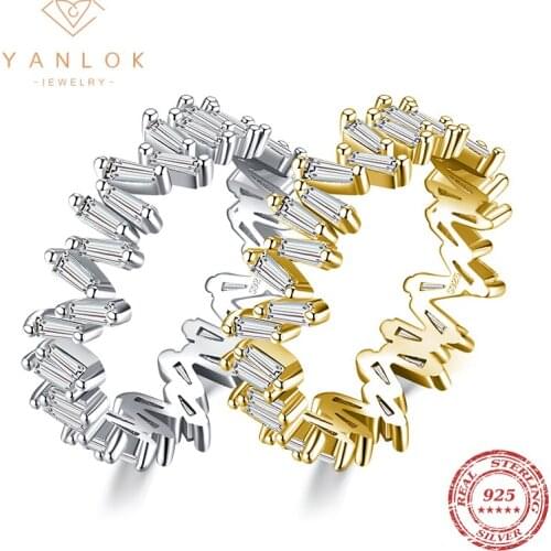 YANLOK Real 925 Sterling Silver Luxury Trapezoidal Cut Sparkle Clear CZ Female Finger Rings For Women Wedding Engagement Jewelry