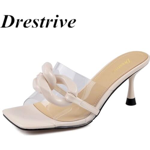 Drestrive Square Toe PVC 2021 Summer Fashion Women Sandals Chain Patent Leather Thin High Heel Shoes Pink Slippers