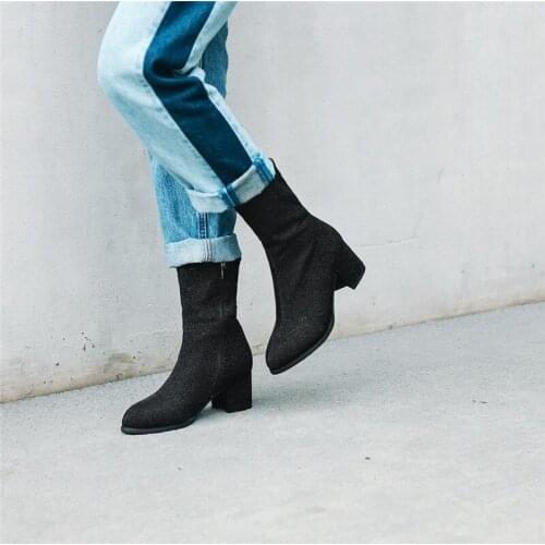 YMECHIC Europe Fashion Elegant Lady Red Gray Chunky High Heels Stretch Bling Stocking Ankle Boots Women Shoes Winter Big Size