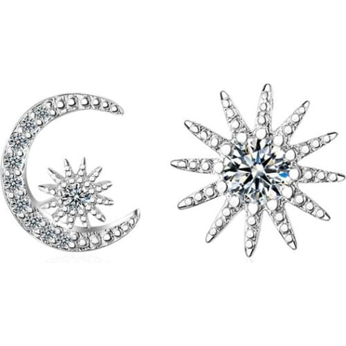 TJP Shiny Crystal Stones Moon Star Rose Gold Female Stud Earrings Jewelry Women Fashion 925 Silver Earrings Girl Christmas Gift