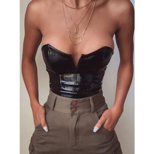 SIBYBO PU Leather Strapless Sexy Women Bodysuit 2019 Off Shoulder V-Neck Summer Romper Women Backless Black Ladies Bodysuit Top