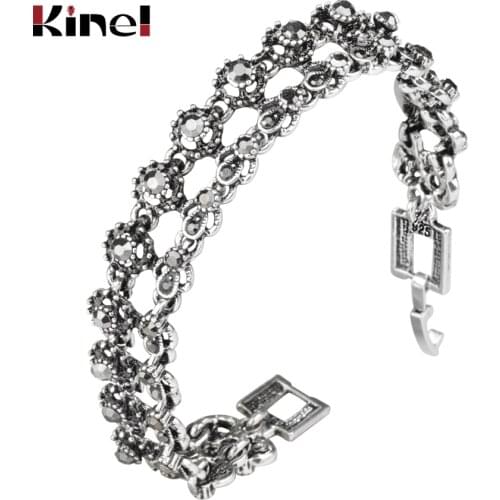 Kinel Charm Bright Black Crystal Bracelet For Women Antique Silver Color Punk Geometric Metal Link Bracelets Vintage Jewelry
