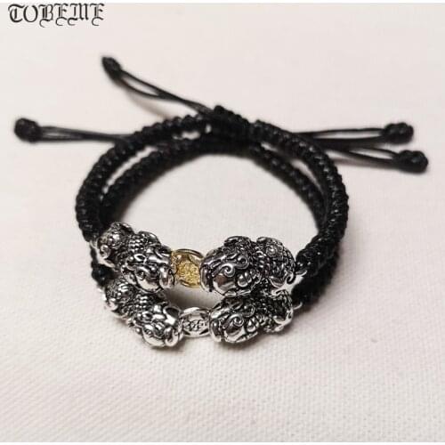 100% 925 Silver Double Wealth Pixiu Bracelet Braided Good Luck Pixiu Beads Bracelet Fengshui Lucky Pixiu Bracelet