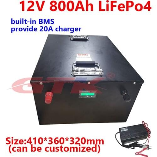 Solar battery 12V 800Ah lifepo4 battery pack with lithium BMS for 3000W RV solar system Steamer Machine motor home+20A charger