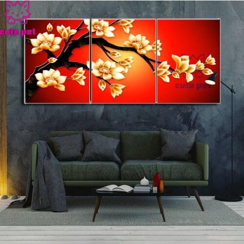 Diamond Embroidery Golden branch flower Diy Full square diamond mosaic Diamond Painting Rhinestones Handicraft Home Decor 3PCS