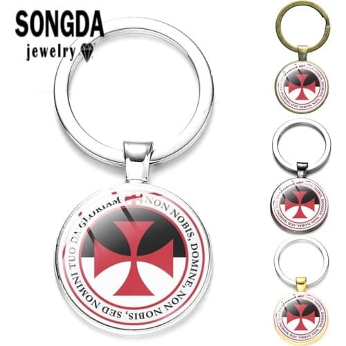 SONGDA Key Chain Saint George Christian Crusader Red Cross Pattern Glass Convex Metal Retro Four Color Man Women Car Key Pendant