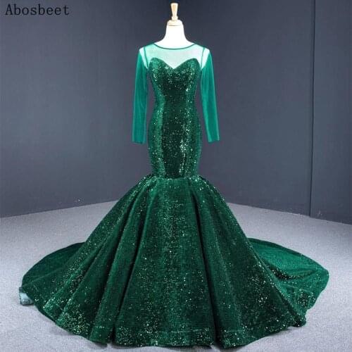 DD JYOY Green Long Sleeve Evening Dress Long Train Mermaid Elegant Long Formal Prom Party Women Wear Shining Sequined Lace Up