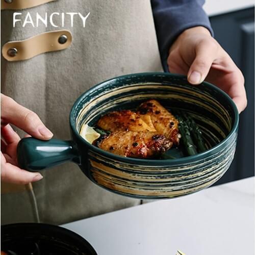 FANCITY Hand painted bowl Japanese ceramic fruit salad bowl household creative handle baking breakfast bowl personalized oven ba