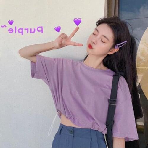 Spring Summer New Style T shirts Women Short Sleeve Drawstring Bottom Women Tops Solid Color Women Tshirt