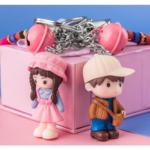 Kawaii Couple Lover Doll Metal Keychain Bell Trinket Girl Boy Pendant Bag Car Key Ring Jewelry Braided Lanyard Accessory Gift