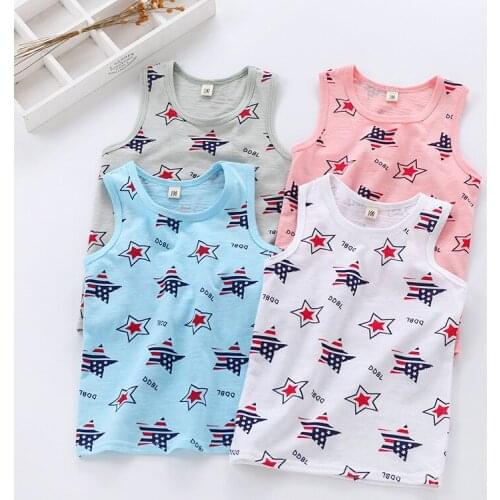 2020 summer boys girls T shirt Pure cotton Slub printing Sailing Stars I-shaped kids vest Korean pinkycolor Childrens clothing