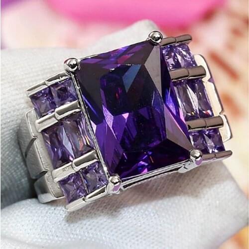 Milangirl Wholesale Silver Color Purple Rectangular Crystal Rhinestone ZIrcon Female Ring for Women Party Jewelry Size 5-10