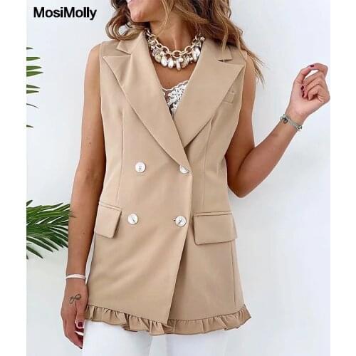 MosiMolly Chic Breasted Blazer Jackets Sleeveless Blazer Jacket Vest Women Ruffle Outerwear Blazer Vest 2021