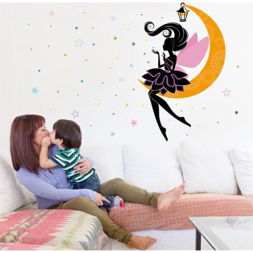Cartoon Elf on the Moon Wall Decals Home Decor Vinyl Stickers Self-adhesive Waterproof Wallpaper Mural Kids Room Nursery Design