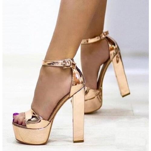 Choudory Gold Silver Patent Leather Chunky Heels Sandals Ankle Buckle Strap Platform Banquet Shoes Open Toe Concise Pumps Size46