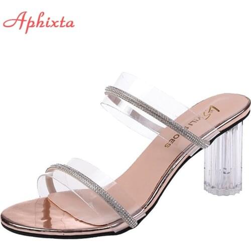 Aphixta 2021 New Summer Crystals Luxury Design Women Slippers Slides Transparent Round Heels Mules Women Shoes Plus Szie 41 42