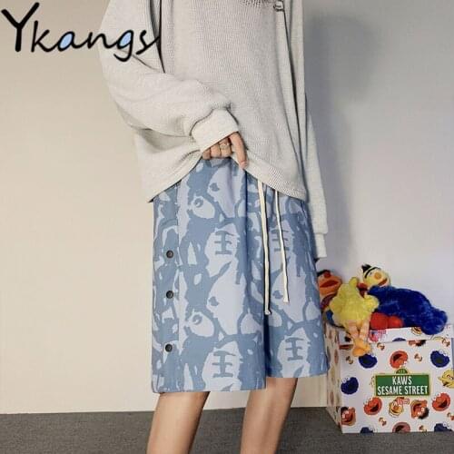 Side Button Gothic Print Running Loose Cargo Sport Shorts Women Summer High Waist Korean Style Fashion Biker Baggy Shorts Ladies