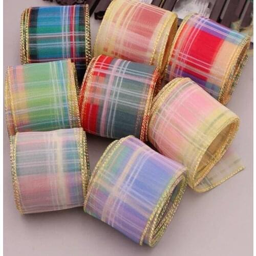 5 m / 25 yards 5.5 cm Plaid tulle ribbon, gilt edge, DIY handmade material, headdress, bow,handicraft, clothing accessories