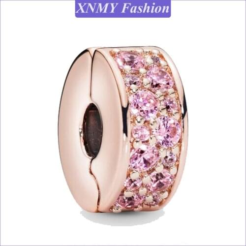 XNMY Hight Quality Rose Gold Color Pink Pavé Clip Charm DIY Beads Fit Original Pandora Charms Bracelet Women Diy Jewelry Making
