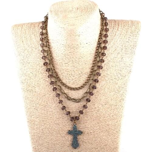 Fashion Bohemian Tribal Jewelry 3 Layer Multiple Glass Crystal Rosary Link & Chain Cross Pendant Necklaces