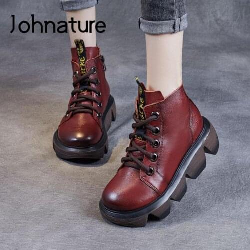 Johnature Genuine Leather Shoes Ankle Women Boots Round Toe Zip 2021 New Winter Handmade Concise Leisure Sewing Platform Boots