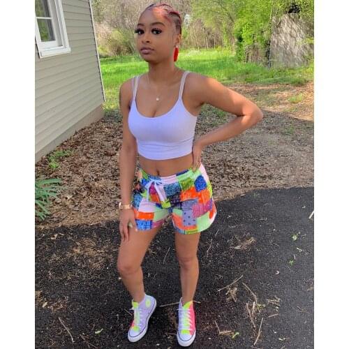 2021 Women Beach Shorts with Bright Color Print, Casual Style Adjustable Drawstring Summer Clothing