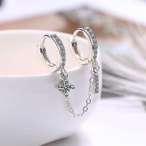 Womens Double Ear Hole Hoop Earrings Bohemia Two Hoops Connected With Chain Crystal Stud Charming Earring Piercing Jewelry