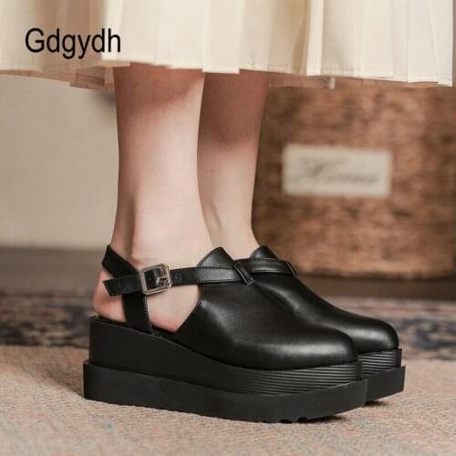BYQDY Round Toe Platform Shoes Women Buckle Slingback Pumps Mules Casual Soft Leather Platform Wedge Black Khaki Fashion Zapatos