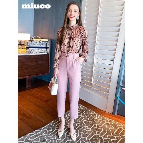 Black eared neckline tie Polka Dot Shirt+High waist straight casual pants suit for women 2021 Spring new High Top Quality