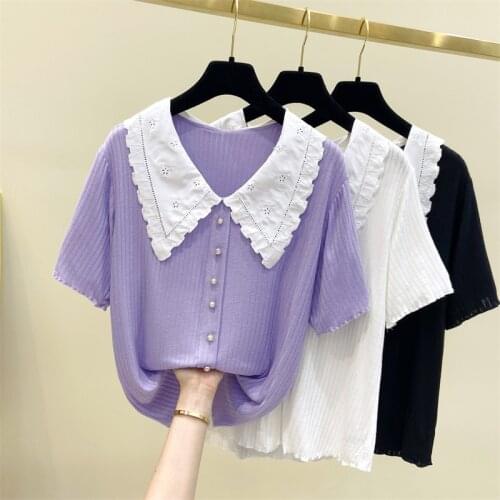 M-4XL Plus size women lace Patchwork Summer thin basic sweater pullover 2021 short sleeve button fashion female Oversized top