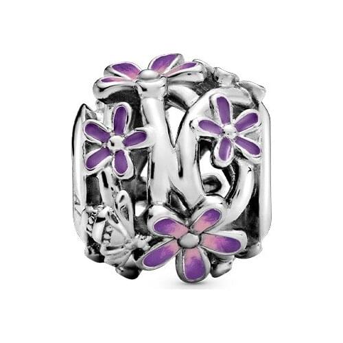 Free Shipping Authentic 925 Sterling Silver Openwork Purple Daisy Charms Fit Original Pandora Bracelet For Women DIY Jewelry