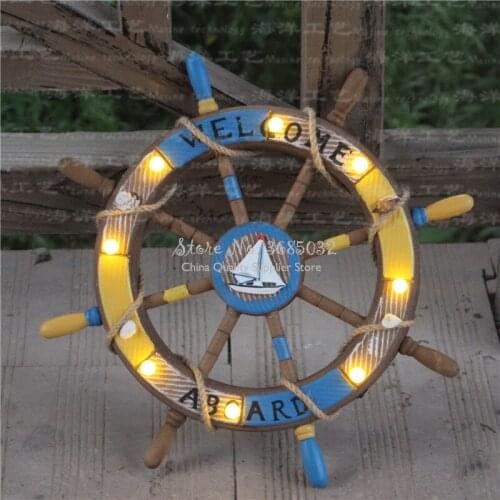 45cm Helmsman Wood Crafts with LED Light Mediterranean Style Decorative Ornaments Wooden Rudder Wall Bar Decoration
